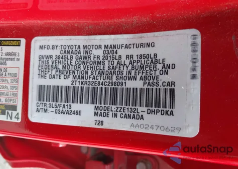 2004 Toyota Matrix Standard from USA, damaged, VIN 2T1KR32E84C298091